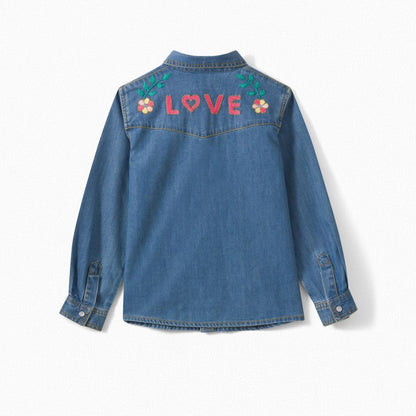 Girls Blue Embroidered Denim Shirt