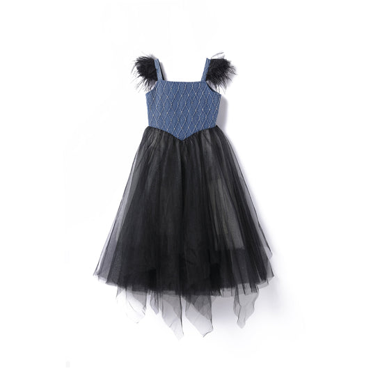 女童牛仔羽毛吊带裙