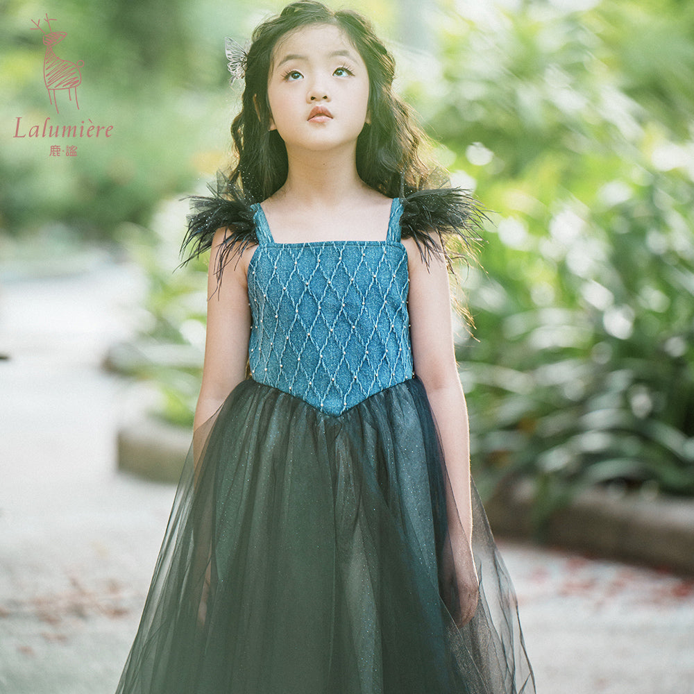 女童牛仔羽毛吊带裙