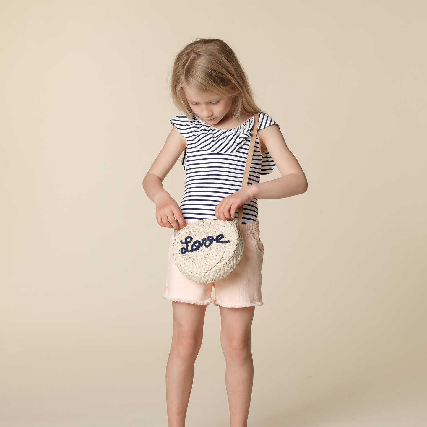 Girls Beige "Love" Paille Bag