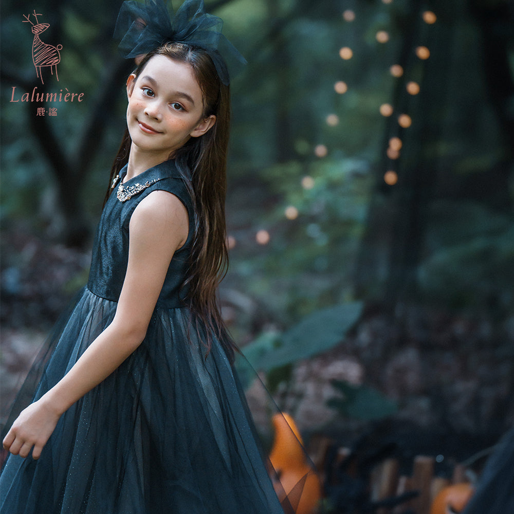 女童珠绣黑粉渐变礼服裙