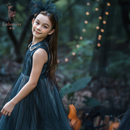 女童珠绣黑粉渐变礼服裙