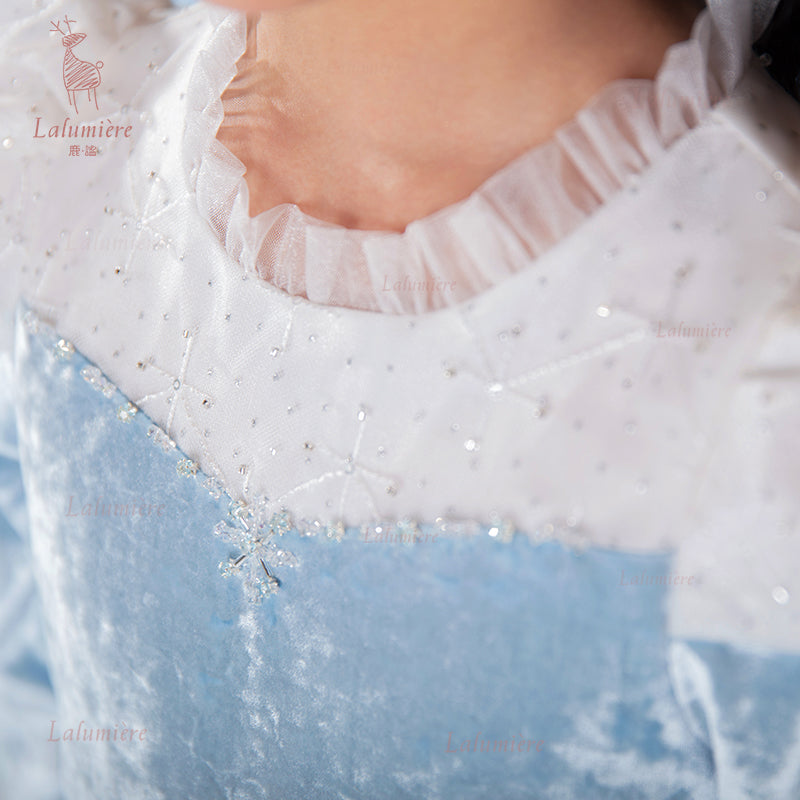 女童蓝色冰雪丝绒拼纱公主裙