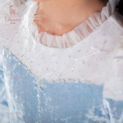 女童蓝色冰雪丝绒拼纱公主裙