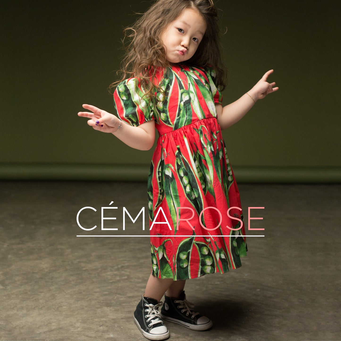 Girls Pink Peas Dress Set