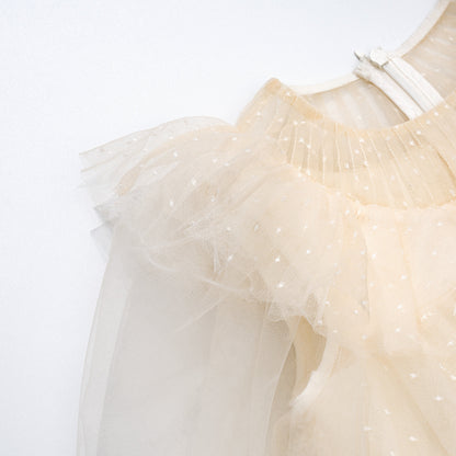 女童香槟色荷叶边礼服纱裙