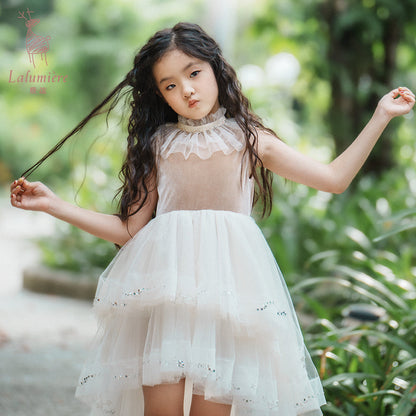 女童杏色不规则珠绣礼服裙