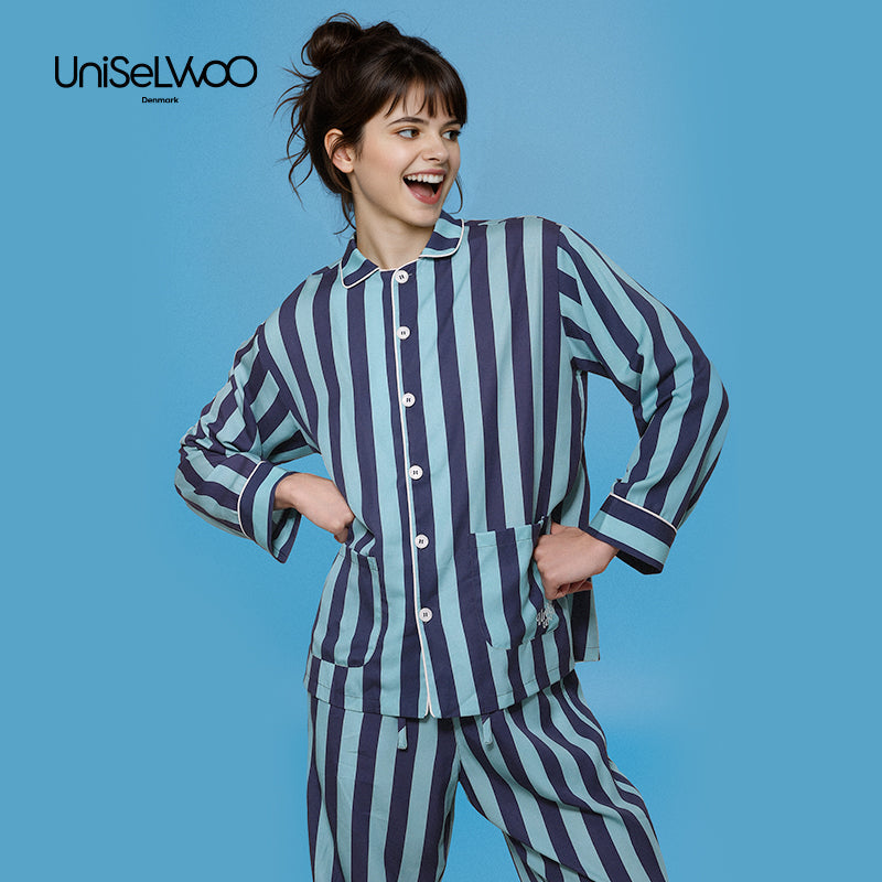 亲子款蓝色&藏青色条纹天丝睡衣套装