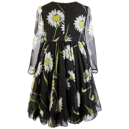 Girls Black Flower Printed Long Sleeve Dress