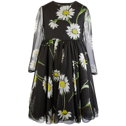 Girls Black Flower Printed Long Sleeve Dress