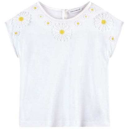 Girls Ivory Flower Patch Cotton T-Shirt