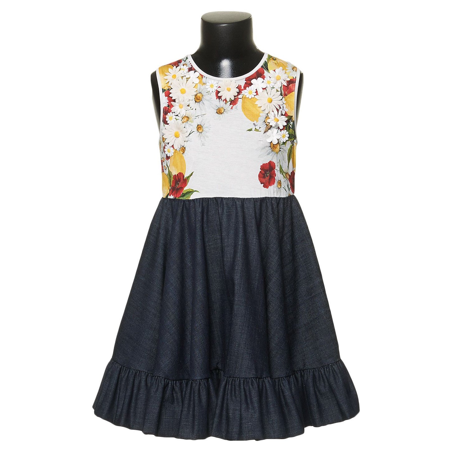 Girls White Top&Black Bottom Flower Printed Dress With Patch Trims