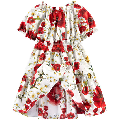 Girls White Cotton Flower Printed Short Sleeve Dress