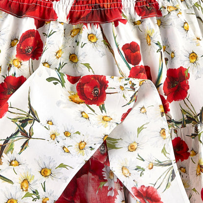 Girls White Cotton Flower Printed Short Sleeve Dress