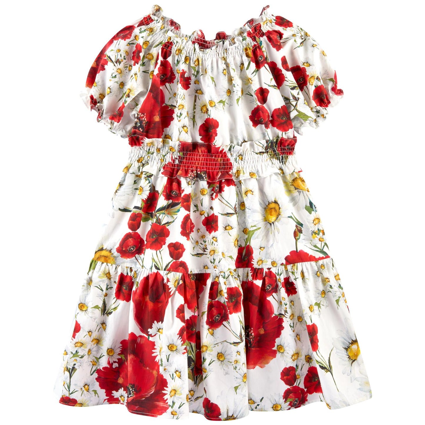 Girls White Cotton Flower Printed Short Sleeve Dress