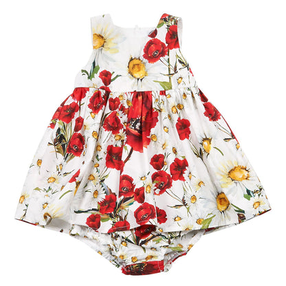Baby Girls White Flower Printed Sleeveless Dress With Bodysuit