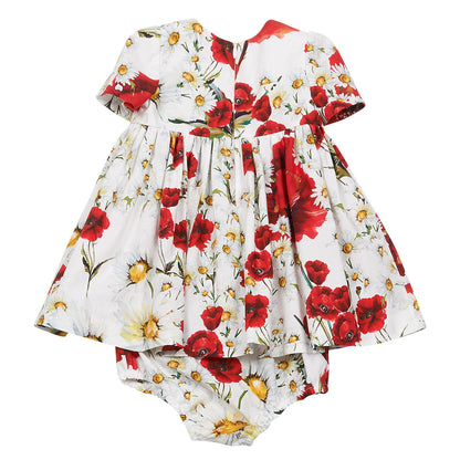 Baby Girls White Flower Printed Dress With Bodysuit