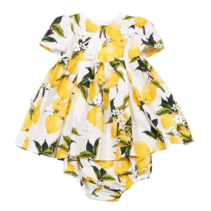 Baby Girls White Lemons Printed Dress With Bodysuit