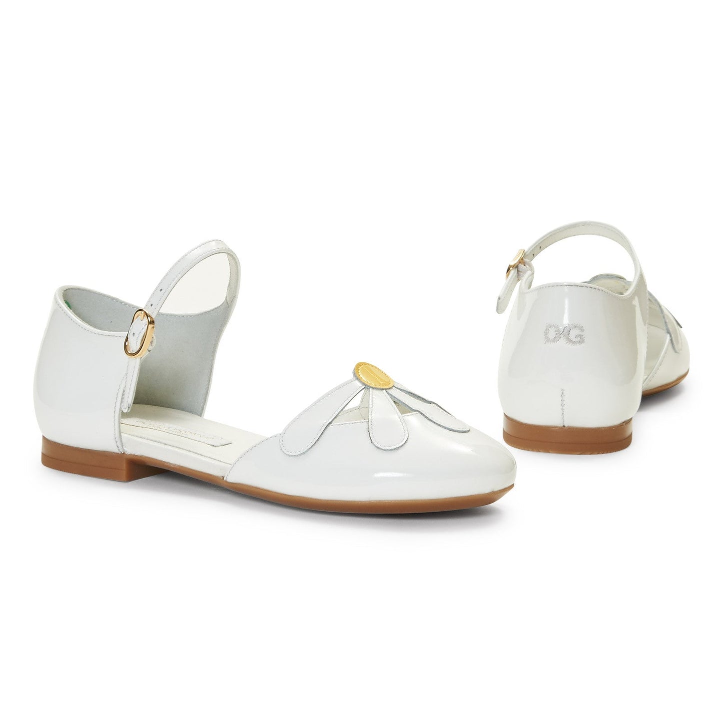 Girls White Leather Ballerina Sandals With Yellow Patch Flower Trims
