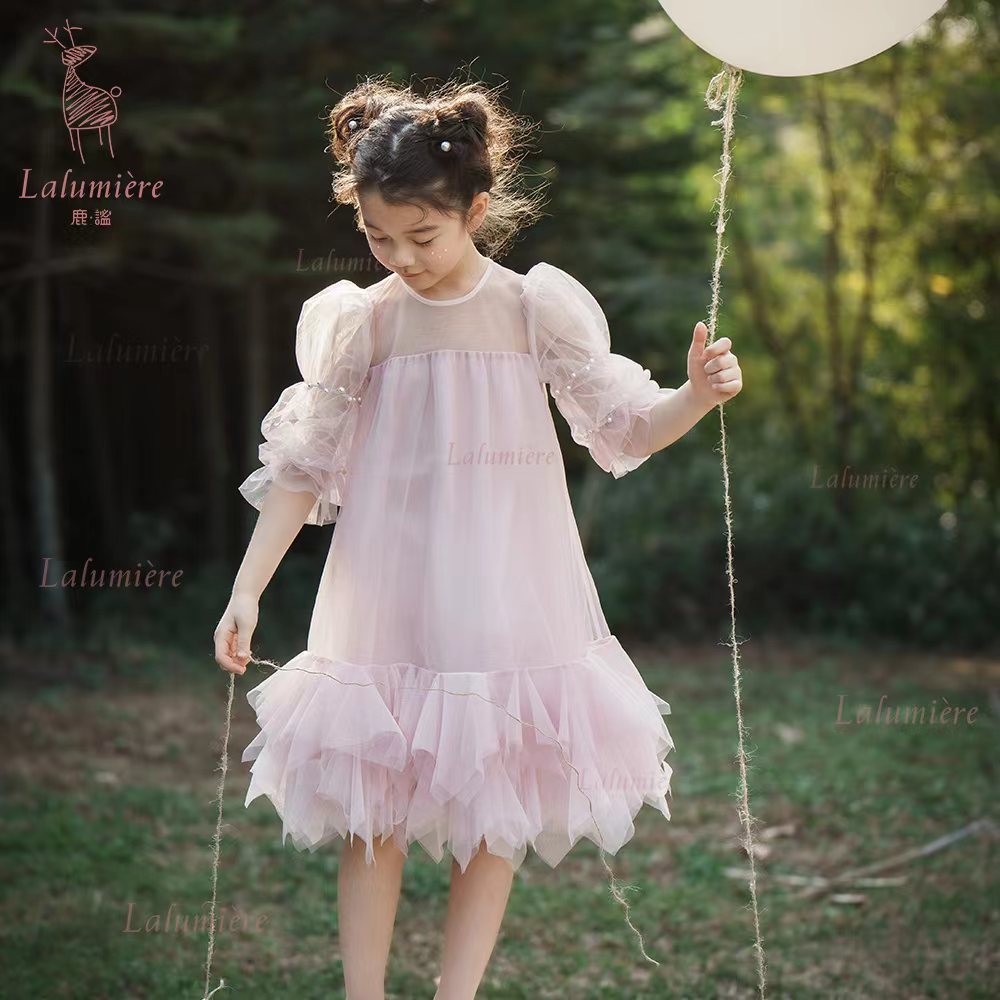 女童粉色珍珠纱袖礼服裙