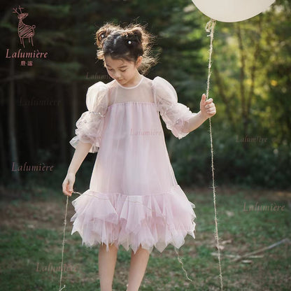 女童粉色珍珠纱袖礼服裙