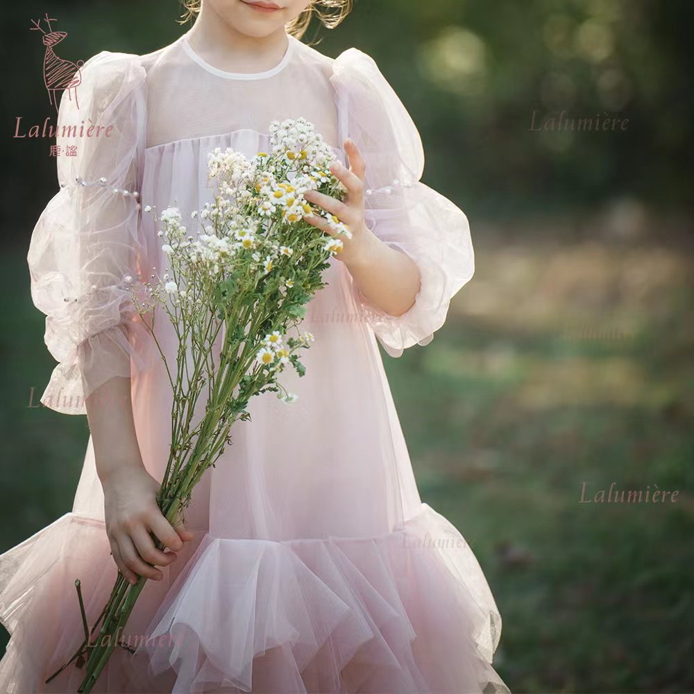 女童粉色珍珠纱袖礼服裙