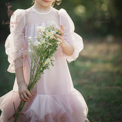 女童粉色珍珠纱袖礼服裙