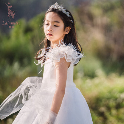 女童白色羽毛高定礼服裙