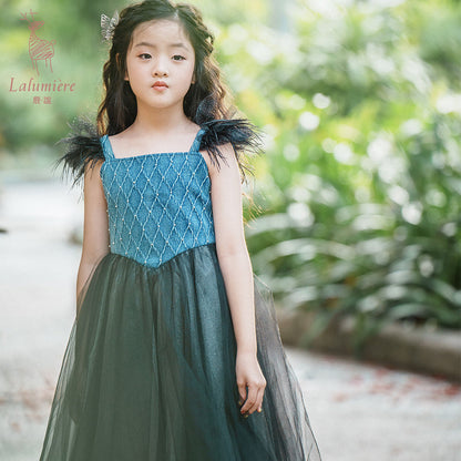 女童牛仔羽毛吊带裙