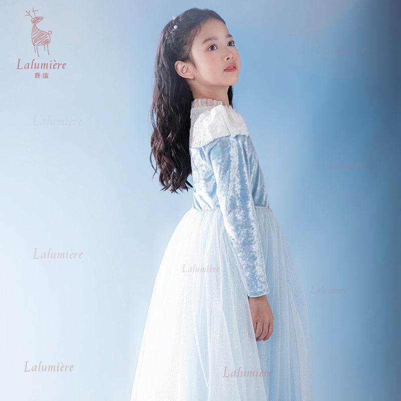 女童蓝色冰雪丝绒拼纱公主裙