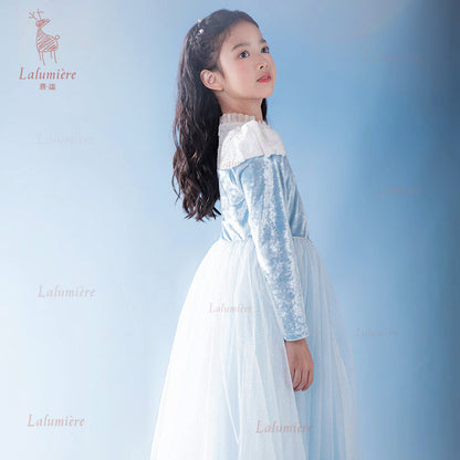 女童蓝色冰雪丝绒拼纱公主裙