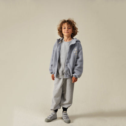 儿童灰蓝色抓绒连帽上衣