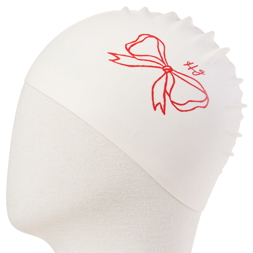 成人款红色蝴蝶结印花硅胶泳帽