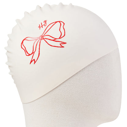 成人款红色蝴蝶结印花硅胶泳帽