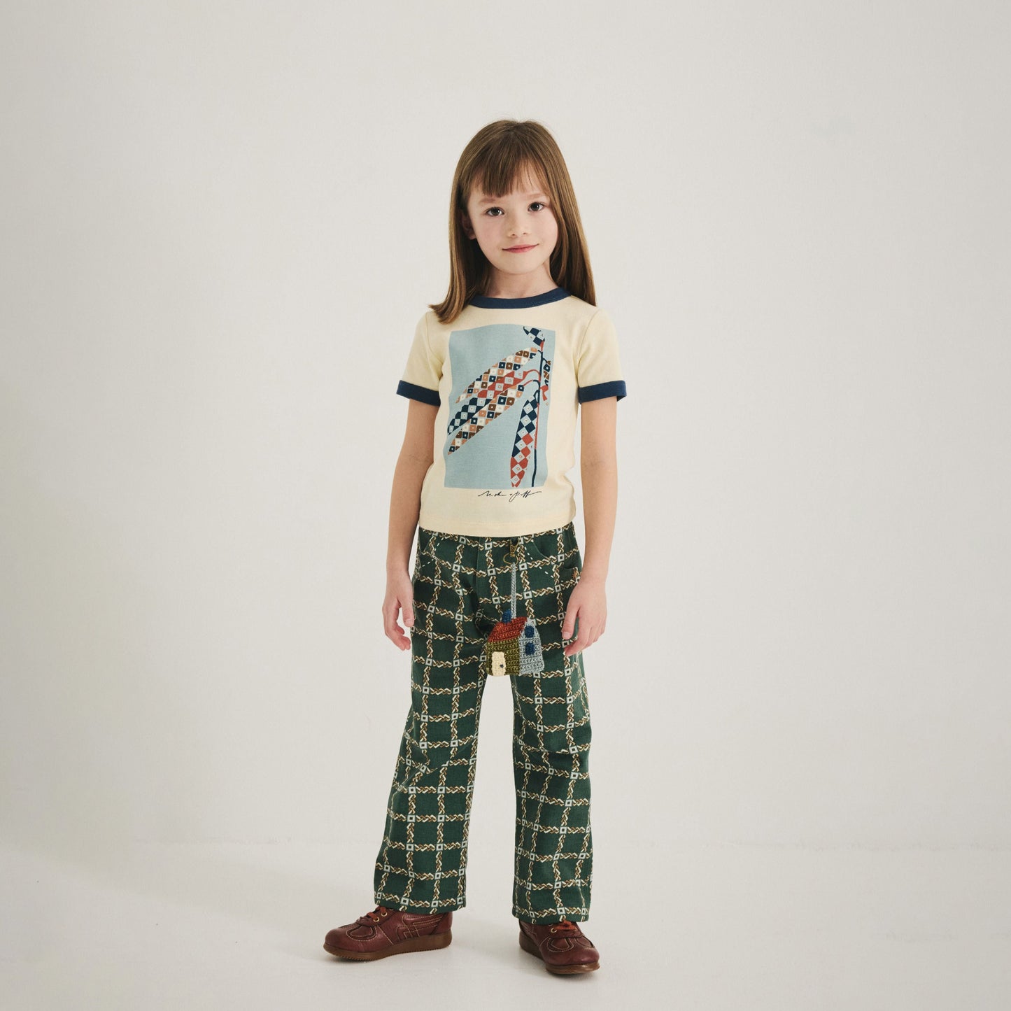 儿童绿色格子棉长裤