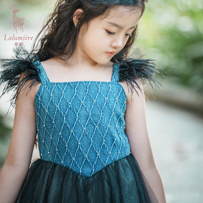 女童牛仔羽毛吊带裙