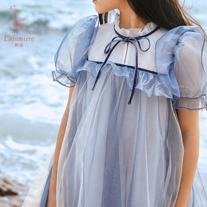 女童海蓝色荷叶边系带礼服裙