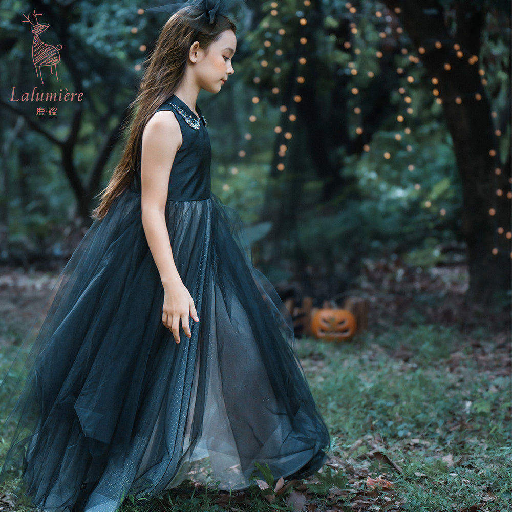 女童珠绣黑粉渐变礼服裙