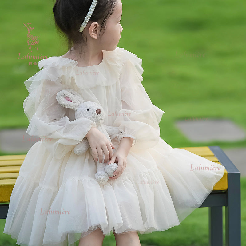 女童香槟色荷叶袖礼服裙