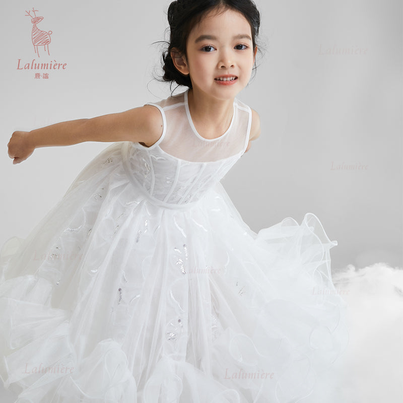 女童白色插片无袖小礼服裙