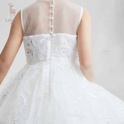 女童白色插片无袖小礼服裙