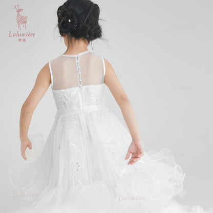 女童白色插片无袖小礼服裙