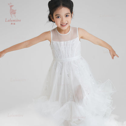 女童白色插片无袖小礼服裙