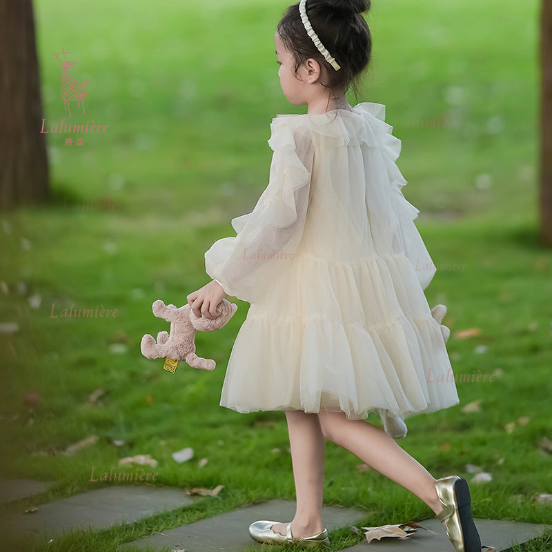 女童香槟色荷叶袖礼服裙