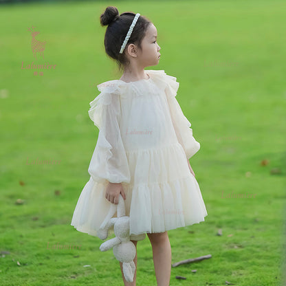 女童香槟色荷叶袖礼服裙