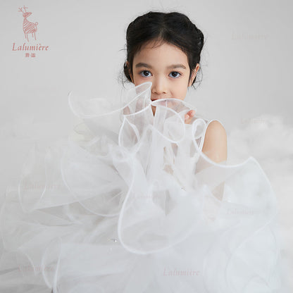 女童白色插片无袖小礼服裙