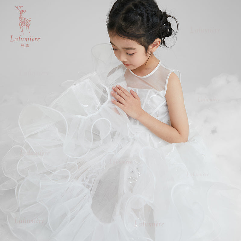 女童白色插片无袖小礼服裙