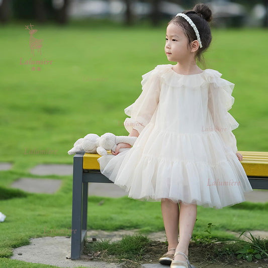 女童香槟色荷叶袖礼服裙