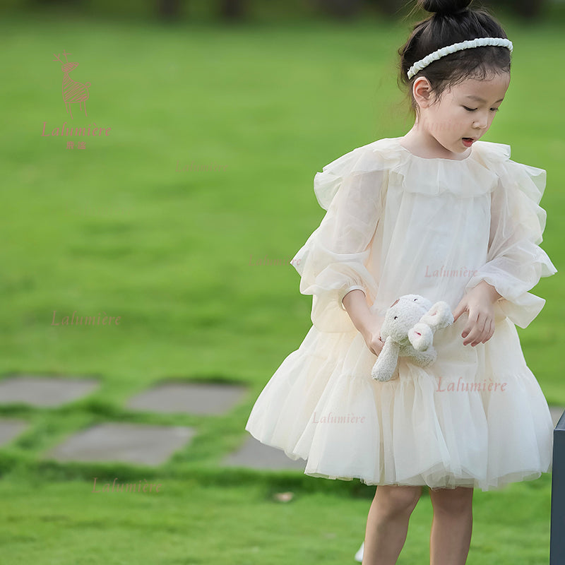 女童香槟色荷叶袖礼服裙