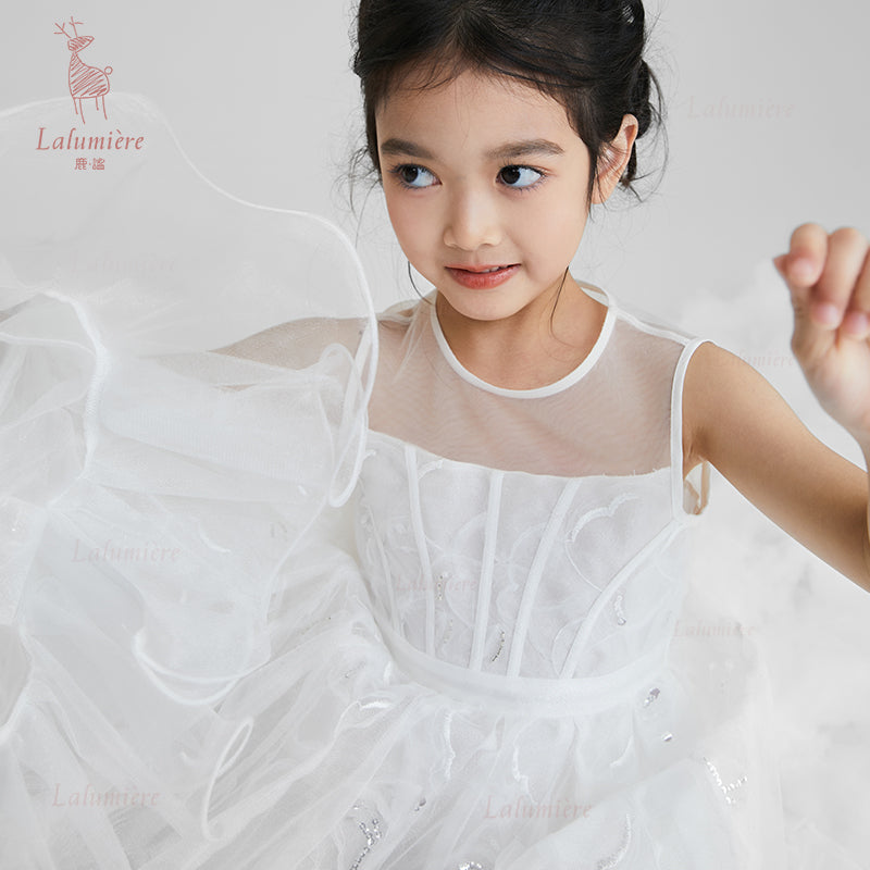 女童白色插片无袖小礼服裙